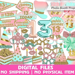 13th Birthday Photo Booth Props, Pink, Mint, Gold, 13th Birthday Party ...