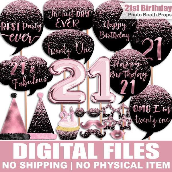 21st Birthday Photo Booth Props, Glitter, Rose Gold, Black, Pink Foil, Birthday photo booth props, Printable, INSTANT DOWNLOAD