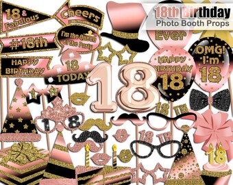 18th Birthday photo booth props, Rose Gold, Black, Gold, 18th Birthday Party, Birthday photo booth props, Printable, INSTANT DOWNLOAD