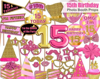 15th Birthday photo booth props, Pink, Gold, 15th Birthday, Birthday photo booth props, Photo Booth props set, Printable, INSTANT DOWNLOAD