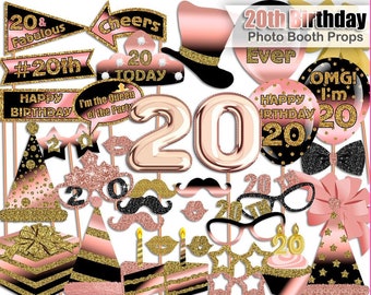 20th Birthday photo booth props, Rose Gold, Black, Gold, 20th Birthday Party, Birthday photo booth props, Printable, INSTANT DOWNLOAD