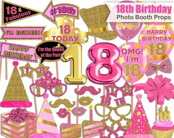 18th Birthday photo booth props, Pink, Gold, 18th Birthday, Birthday photo booth props, Photo Booth props set, Printable, INSTANT DOWNLOAD