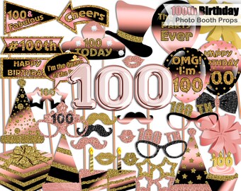 100th Birthday photo booth props, Rose Gold, Black, Gold, Rose Gold Birthday, Birthday photo booth props, Printable, INSTANT DOWNLOAD