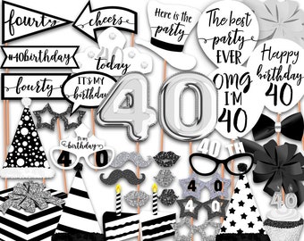 40th Birthday photo booth props, Black and White, 40th Birthday Party, Black and White Birthday party, Printable, INSTANT DOWNLOAD