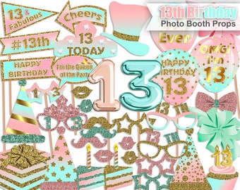 13th Birthday photo booth props, Pink, Mint, Gold, 13th Birthday Party, Birthday photo booth props, Printable, INSTANT DOWNLOAD