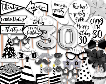 30th Birthday photo booth props, Black and White, 30th Birthday Party, Black and White Birthday party, Printable, INSTANT DOWNLOAD