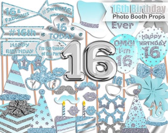 16th Birthday photo booth props, Light Blue, Silver, White, Sweet 16, Birthday photo booth props, Printable, INSTANT DOWNLOAD
