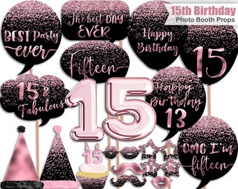 15th Birthday Photo Booth Props, Glitter, Rose Gold, Black, Pink Foil, Birthday photo booth props, Printable, INSTANT DOWNLOAD