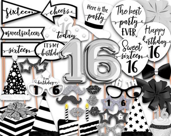 16th Birthday photo booth props, Black and White, Sweet sixteen Party, Sweet 16, Black and White Birthday party, Printable, INSTANT DOWNLOAD