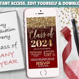 ANY YEAR Graduation Phone Invitation, Class of, Burgundy, Gold, Mobile invite, Electronic Invite, Evite, Text Message invite /EDITABLE image 1