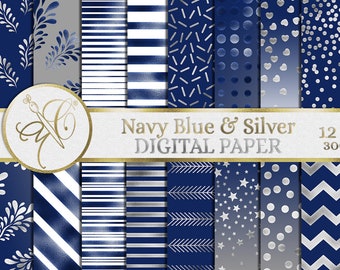 Navy Blue and Silver Digital Paper, Foil Effect, Background Pattern, Digital Background, Scrapbooking Paper - INSTANT DOWNLOAD
