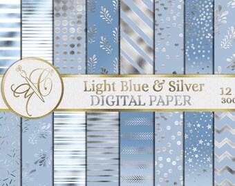 Light Blue and Silver Digital Paper, Foil Effect, Background Pattern, Digital Background, Scrapbooking Paper - INSTANT DOWNLOAD