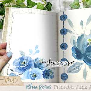 Blue Roses Junk Journal Pages: Watercolor Floral Scrapbook (PDF Printable Kit)