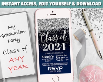 ANY YEAR Graduation Phone Invitation, Class of, Navy, Silver Glitter, Mobile invite, Electronic Invite, Evite, Text Message invite /EDITABLE