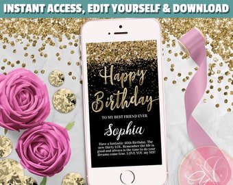 Happy Birthday Electronic Card, Phone Card, BLACK, Gold Glitter, Text Message Card - EDIT YOURSELF