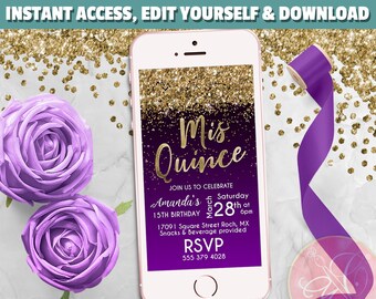 Mis Quince Phone Invitation, Purple, Gold Glitter, Electronic Invite, 15th birthday, Mis quince invite, Evite, Text Message invite -EDITABLE