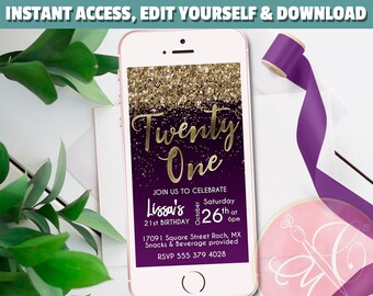 21st Birthday Invite, Electronic Invitation, Purple, Gold Glitter, Birthday invitation, Phone Invitation, Text Message invite -EDIT YOURSELF