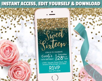 Sweet 16 Birthday Phone Invitation, Turquoise, Gold Glitter, 16th Birthday Electronic Invitation, Evite, Text Message invite - EDIT YOURSELF