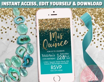 Mis Quince Phone Invitation, Turquoise, Gold Glitter, Electronic Invite, 15th birthday, Mis quince invite, Text Message invite - EDITABLE