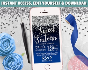 Sweet 16 Birthday Phone Invitation, ROYAL BLUE, Silver Glitter, 16th Birthday Electronic Invitation, Evite, Text Message invite - EDITABLE