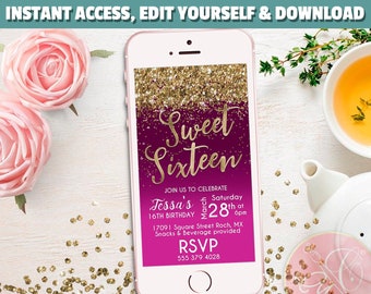 Sweet 16 Birthday Phone Invitation, Hot Pink, Gold Glitter, 16th Birthday Electronic Invitation, Evite, Text Message invite - EDIT YOURSELF