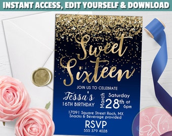 Sweet Sixteen Invitation Template, Royal Blue, Gold Glitter, EDITABLE Invitation, 16th Birthday invite, Instant Download / PRINTABLE Invite