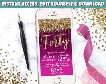 Forty Birthday Phone Invitation, Hot Pink, Gold Glitter, 40th Birthday Electronic Invite, Evite, Text Message invite - EDIT YOURSELF Corjl