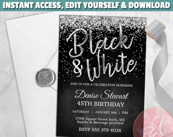 Black and White Invitation, Editable invitation, Any Celebration, Silver Glitter, Black and White party decoration - EDIT YOURSELF