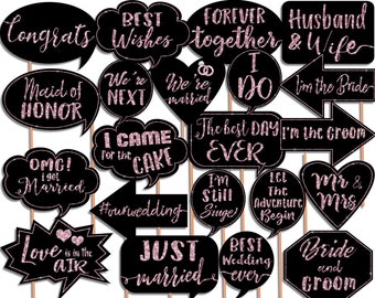 Wedding Photo Booth Props Signs, Rose Gold Glitter, Black, Wedding photo booth props, Photo Booth props set, Printable, INSTANT DOWNLOAD