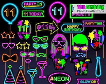 11th Neon Birthday, photo booth props, Neon Party, Birthday photo booth props, Photo Booth props set, Printable, INSTANT DOWNLOAD