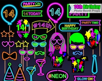 14th Neon Birthday, photo booth props, Neon Party, Birthday photo booth props, Photo Booth props set, Printable, INSTANT DOWNLOAD