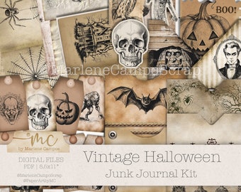 May include: Vintage Halloween Junk Journal Kit with digital files for scrapbooking. The kit includes images of a haunted house, a skull, a bat, a spider web, a jack-o'-lantern, a werewolf, and a witch. The kit is perfect for creating spooky and whimsical Halloween crafts.