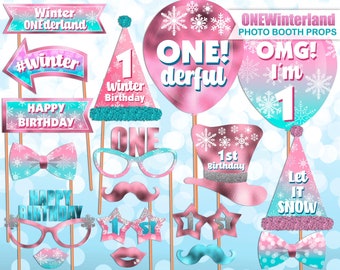 Pink Winter ONEderland photo booth props, 1st Birthday, Girl Winter Birthday, Birthday photo booth props, Printable, INSTANT DOWNLOAD