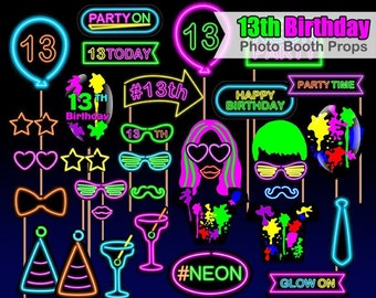 13th Neon Birthday, 13th photo booth props, Neon Party, Birthday photo booth props, Photo Booth props set, Printable, INSTANT DOWNLOAD