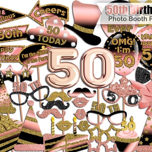 PRINTABLE Birthday photo booth props, 50th Birthday, Rose Gold, Black, Glitter, Birthday photo booth props Instant Download image 1