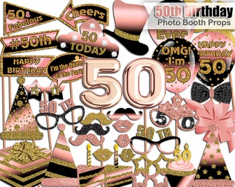 PRINTABLE Birthday photo booth props, 50th Birthday, Rose Gold, Black, Glitter, Birthday photo booth props | Instant Download