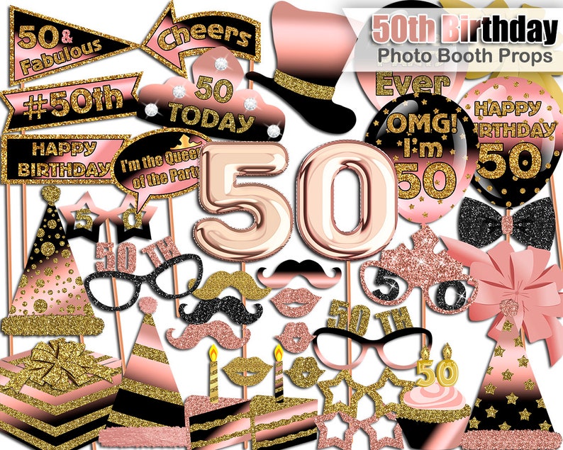 PRINTABLE Birthday photo booth props, 50th Birthday, Rose Gold, Black, Glitter, Birthday photo booth props Instant Download image 1