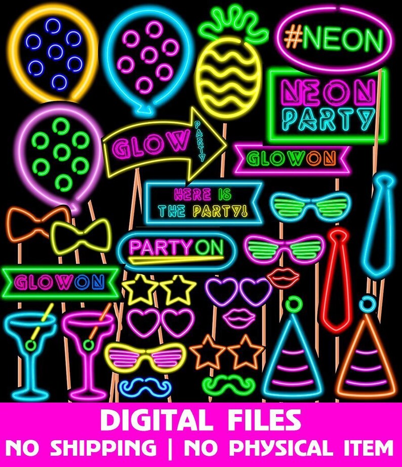 Neon Sign Photo Booth Props, Neon Party, Neon Birthday, Neon Glow props, Photo Booth props set, Printable, INSTANT DOWNLOAD 