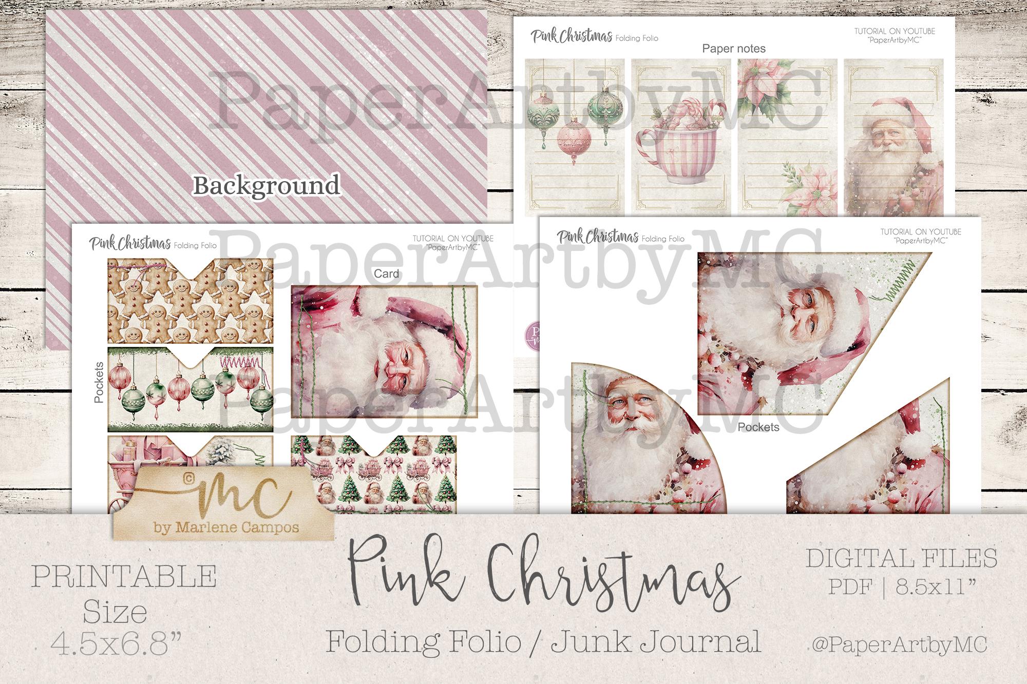 Pink Christmas Junk Journal Kit, Santa Folding Folio Printable, Vintage ...
