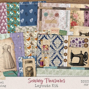 Puede incluir: Una colección de papel de scrapbook y efímeras con temática de costura. Los diseños incluyen patrones florales, de mariposas y damasco, junto con imágenes de máquinas de coser, botones y patrones de vestidos. El texto "Sewing Treasures" es visible.