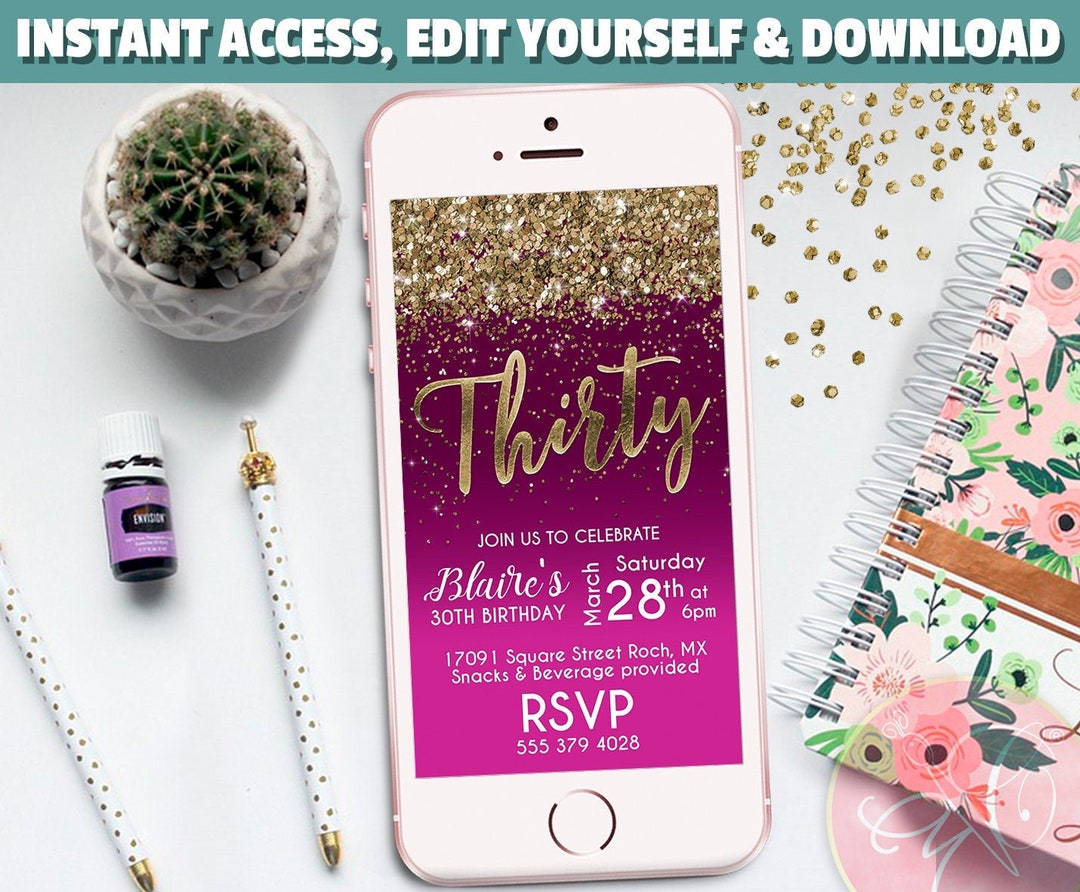 Thirty Birthday Phone Invitation Hot Pink Gold Glitter 30th - Etsy