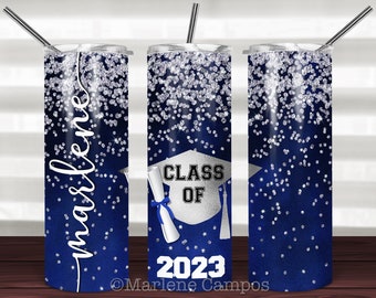 ANY YEAR Graduation Skinny Tumbler Sublimation, Blue, SILVER Glitter, Class of, Skinny Tumbler 20oz Design, Download Template