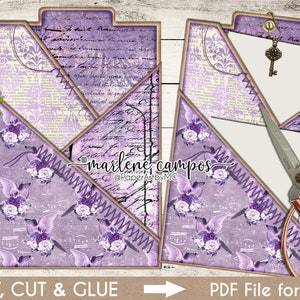 Einlage für lila Taschenetiketten im Journal, druckbare Junk-Journal-Erweiterung, Scrapbook-Einlage, Junk-Journal-Ephemera