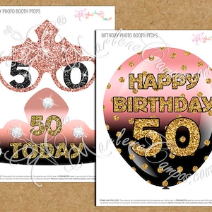 PRINTABLE Birthday photo booth props, 50th Birthday, Rose Gold, Black, Glitter, Birthday photo booth props Instant Download image 2