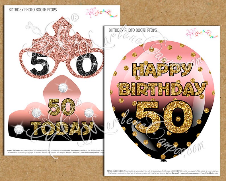 PRINTABLE Birthday photo booth props, 50th Birthday, Rose Gold, Black, Glitter, Birthday photo booth props Instant Download image 2