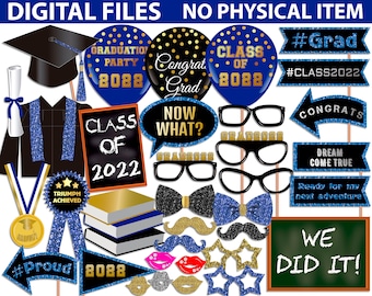 ANY YEAR Blue Graduation Photo Booth Props/ EDIT the Year/ Class of/ Graduation Party, Photo Booth props set, Printable, Instant Download