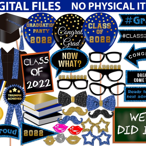 ANY YEAR Blue Graduation Photo Booth Props/ EDIT the Year/ Class of/ Graduation Party, Photo Booth props set, Printable, Instant Download