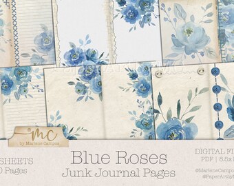 Journal Pages, Watercolor Roses, Blue, Junk Journal, Junk Journal Pages, Journal supplies, Vintage, Gift for her, Instant Download