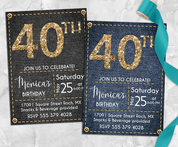40th Birthday Invitation Denim Sewing Invitation Gold Etsy