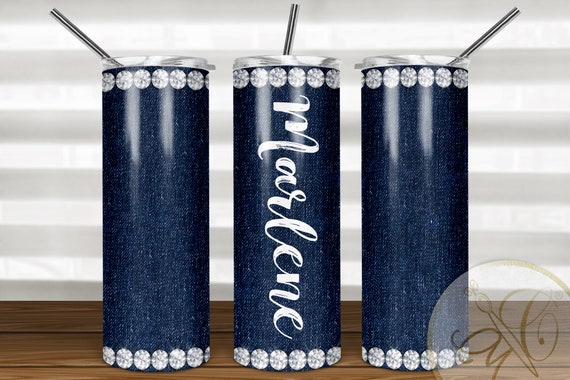 Denim and Diamond Skinny Tumbler Sublimation, Diamonds Border Design, Skinny Tumbler 20oz Design, Download Template Il_570xn